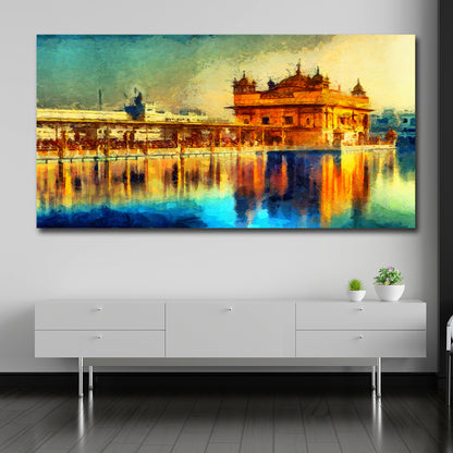 Golden Temple abstract panorama canvas wall painting with water reflections for large living room and luxury wall decor Colorful painting of a temple reflection on water in a modern room.