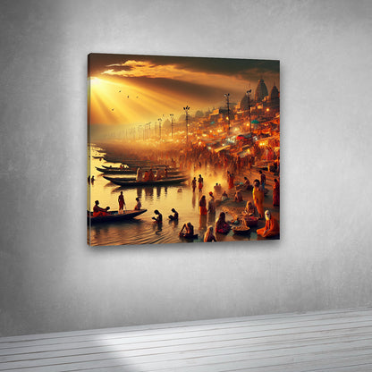 Sacred riverfront cityscape artwork canvas print for spiritual interiors