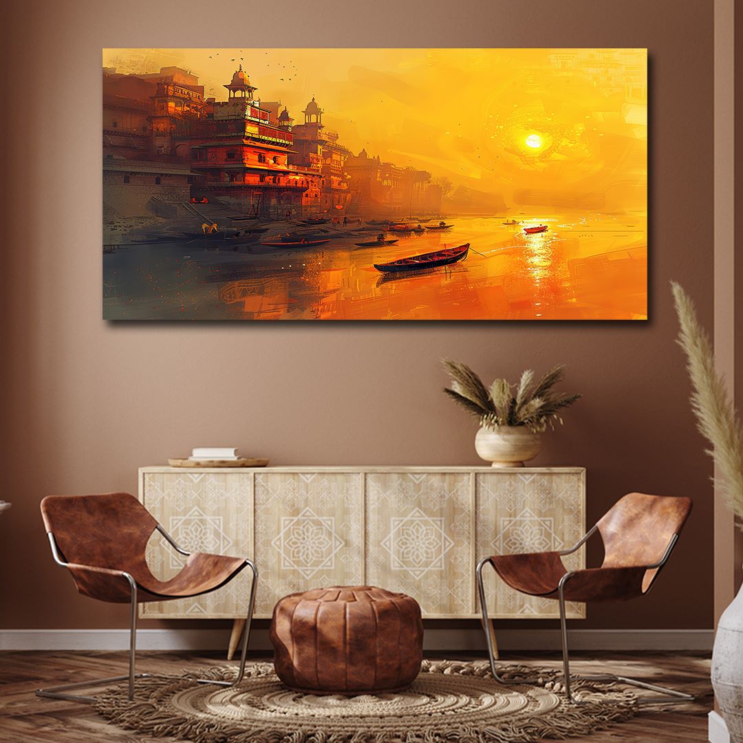Spiritual riverfront sunset painting canvas print for contemporary interiors