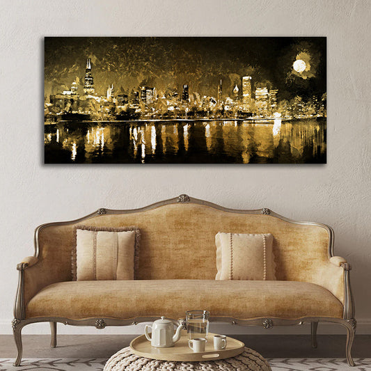 Golden city skyline abstract canvas painting modern urban wall art for living room and office decor