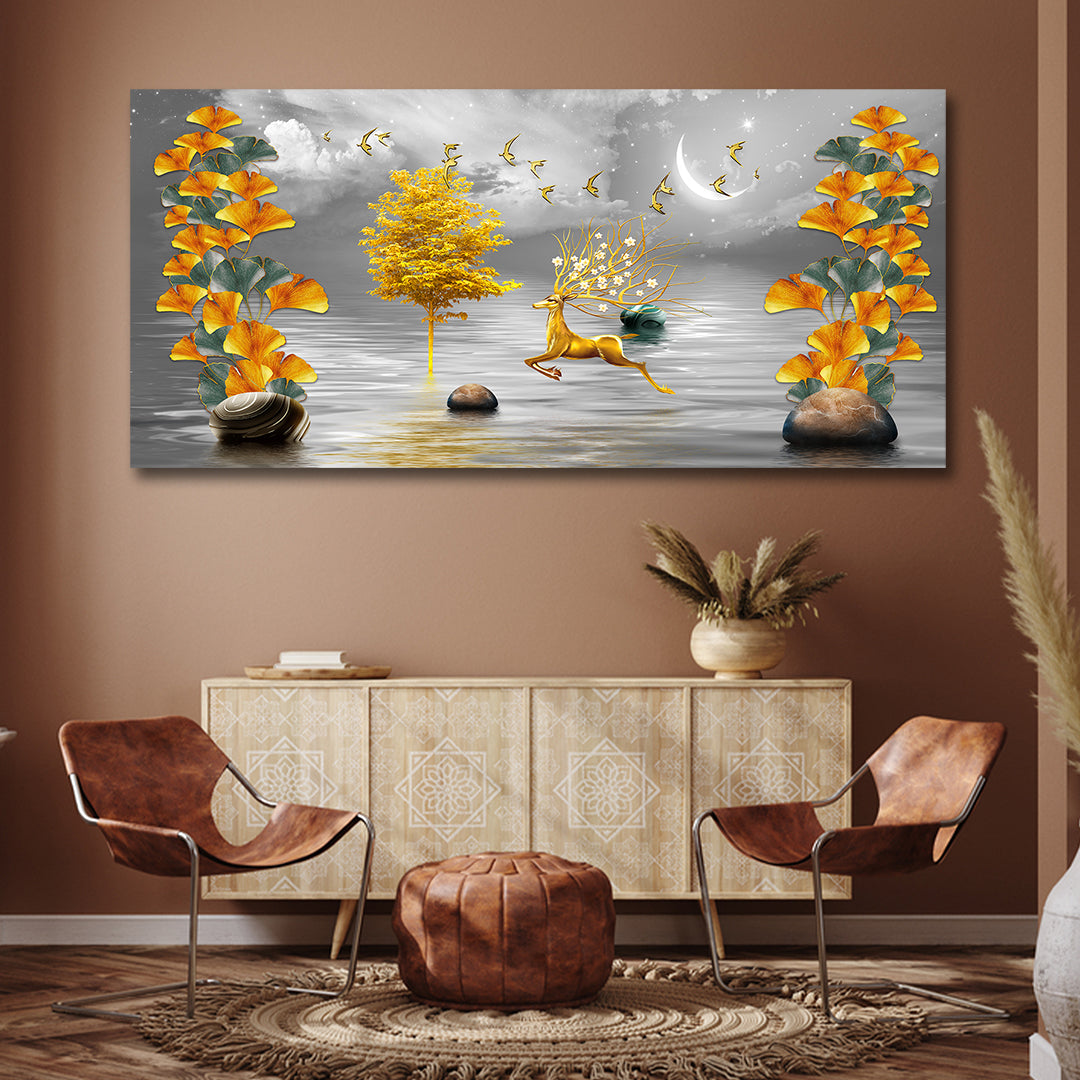 Golden Deer Nature Canvas Wall Art for Luxury Home Décor