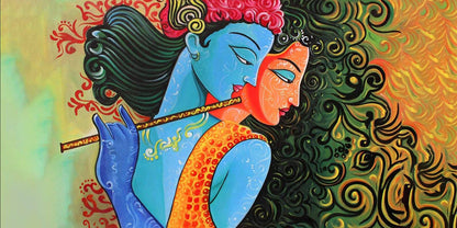 Gorgeous Radha Krishna Mural Wallpaper for Living Room Colorful depiction of a couple embracing with intricate patterns in the background
