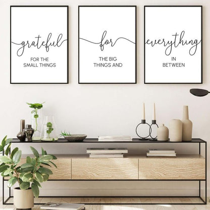 Modern typography triptych canvas wall decor with Grateful for Everything inspirational quote