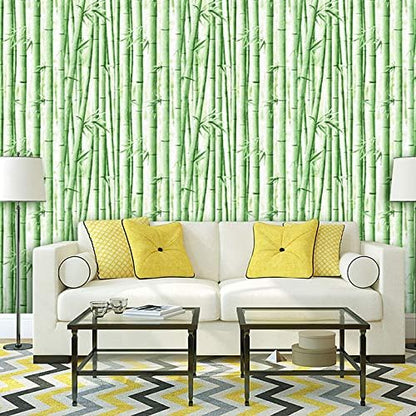 Peel and Stick Wallpaper, Self Adhesive DIY Wall Sticker for Bedroom Hall Living Room Kitchen Home & Office, PVC Coated & Waterproof Surface Scratch Resistant – 45 x 300cm White sofa with yellow cushions against a bamboo-themed wallpaper.
