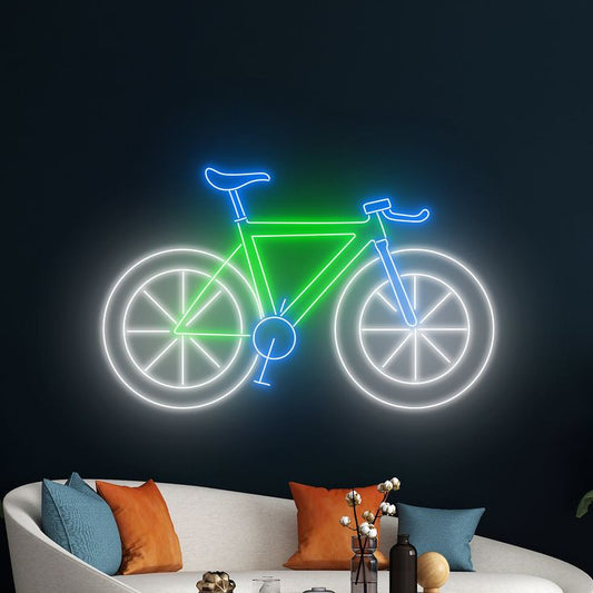 Green bicycle neon wall sign with white wheels and blue accents for cycling decor