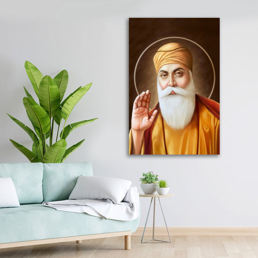 Guru Nanak Dev Ji canvas painting with blessing pose spiritual Sikh religious wall art for home decor