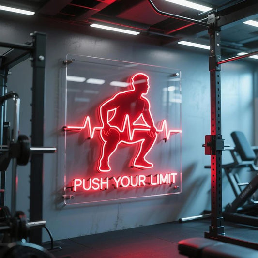 Gym Exercise Neon Sign | Custom Neon Sign | Neon for Gym Wall Decor  Neon sign with a silhouette of a person lifting weights and 'Push Your Limit' text in a gym setting.