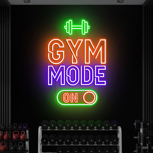 Gym Mode On Neon Sign | Custom Neon Sign | Neon for Gym and Fitness Neon sign with 'GYM MODE ON' text in a gym setting