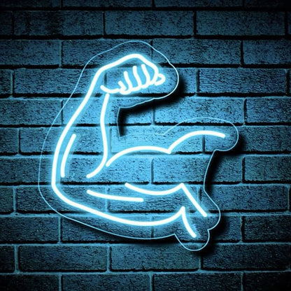 Gym Pumping Neon Sign | Custom Neon Sign | Neon for Gym Decoration Sign Neon sign of a flexed arm muscle on a brick wall