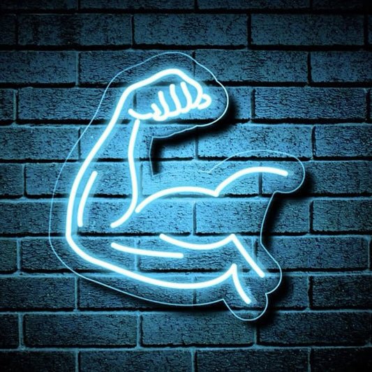 Gym Pumping Neon Sign | Custom Neon Sign | Neon for Gym Decoration Sign Neon sign of a flexed arm muscle on a brick wall