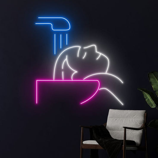 Hair Wash Neon Sign | Custom Neon Sign | Neon for Salon  Neon sign of a shower head and bathtub with a chair and plant in the background