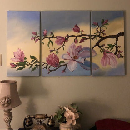 Elegant three-panel magnolia floral canvas painting for modern living room décor