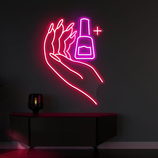 Hand Nail Painting Neon Sign | Custom Neon Sign | Neon for Salon Neon sign of a hand holding a nail polish bottle on a dark background