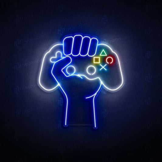 Hand Remote Neon Sign  – Custom Neon Sign for Game Lover 5 By 15 Inches Neon sign of a fist holding a gaming controller with symbols on a dark background