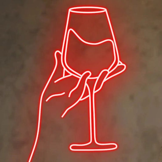Hand Wine Glass Neon Sign | Custom Neon Sign | Neon for Bar Decoration Sign Neon outline of a hand holding a wine glass on a textured brown background