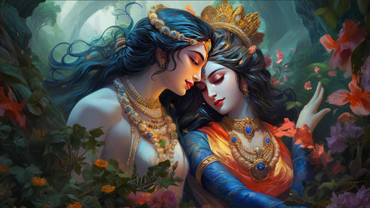 Handmade Look Radha Krishna Canvas Painting for Wall Decor Two divine figures in ornate attire surrounded by flowers and foliage