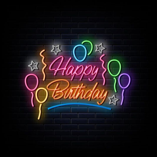 Happy Birthday Balloons Neon Sign | Custom Neon Sign | Neon for Birthday Decor Neon sign with 'Happy Birthday' text on a brick wall background