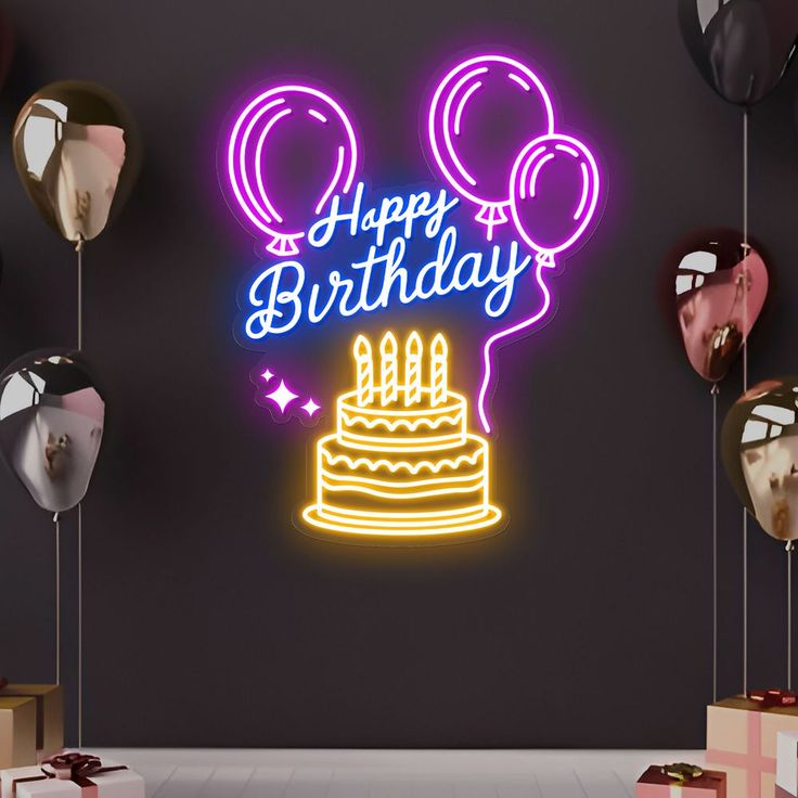 Happy Birthday Cake Neon Sign | Custom Neon Sign | Neon for Birthday Decoration Neon sign with 'Happy Birthday' and cake design on a dark wall.