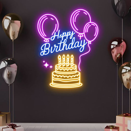 Happy Birthday Cake Neon Sign | Custom Neon Sign | Neon for Birthday Decoration Neon sign with 'Happy Birthday' and cake design on a dark wall.