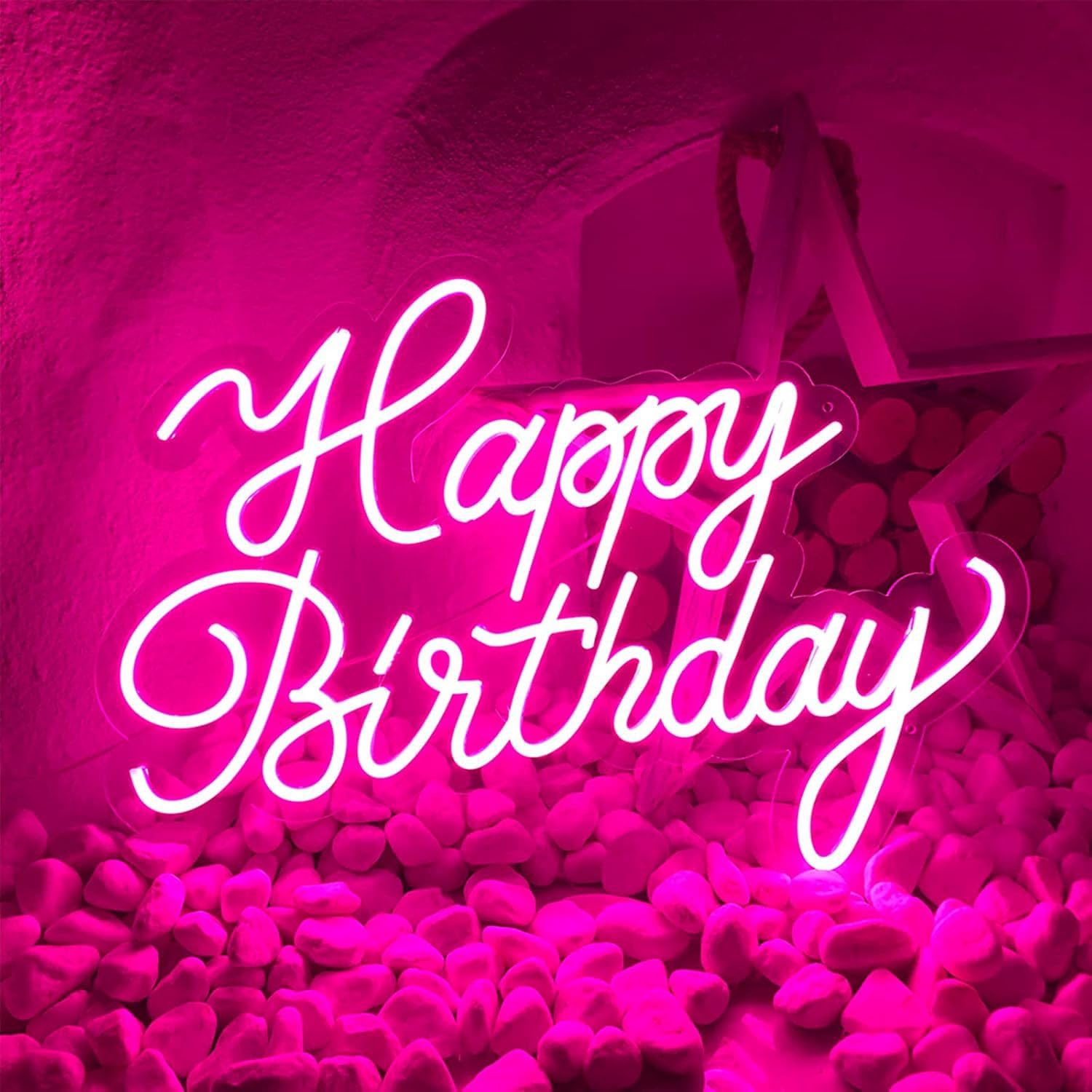 Happy Birthday LES Neon Light Decor for birthday parties Neon 'Happy Birthday' sign with pink hearts and a gift box on a pink background