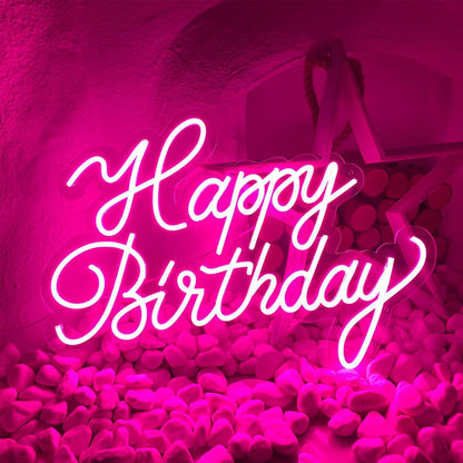Happy Birthday LES Neon Light Decor for birthday parties Neon 'Happy Birthday' sign with pink hearts and a gift box on a pink background