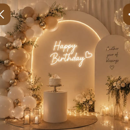 Warm white Happy Birthday LED neon light with acrylic backboard for celebration wall decoration