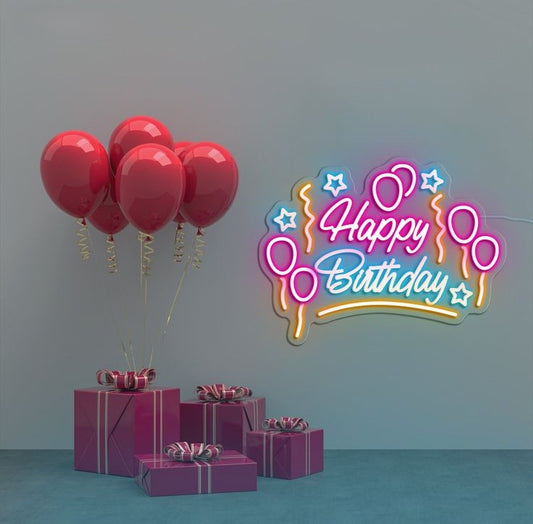Happy Birthday Neon Sign | Custom Neon Sign | Neon for Birthday Decoration Neon 'Happy Birthday' sign with red balloons and purple gifts on a gray background