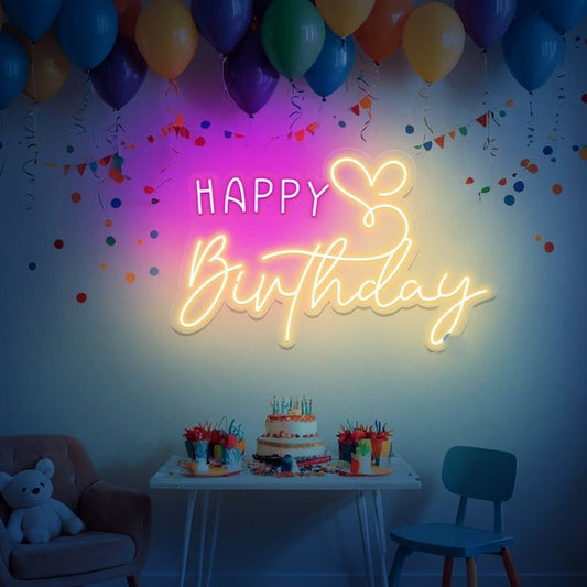 Happy Birthday Neon Sign | Custom Neon Sign | Neon for Birthday Party Decor Neon 'Happy Birthday' sign with balloons and a cake on a table.