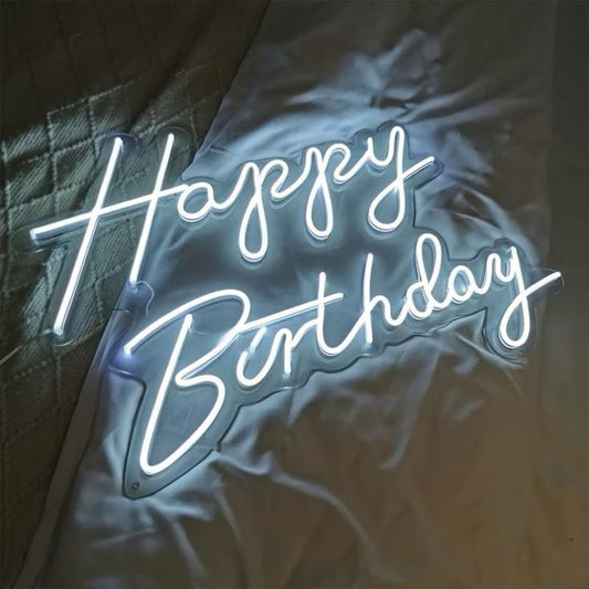 Happy Birthday Neon Sign | Custom Neon Sign | Neon for Wall Decor Neon sign with 'Happy Birthday' text on a textured surface