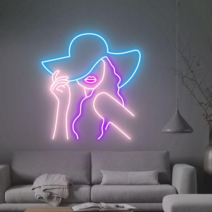 Hat Girl Neon Sign  – Custom Neon Sign for Beauty Salon (24 By 24 Inches)Neon sign of a woman wearing a hat in a living room setting