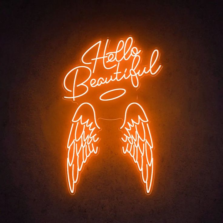 Hello Beautiful Ring Wings Neon Sign | Custom Neon Sign | Neon for Living Room Neon sign with 'Hello Beautiful' and wings on a dark background