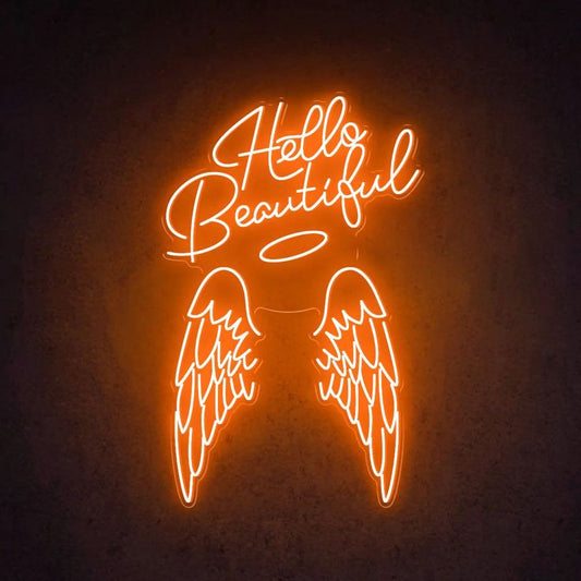 Hello Beautiful Ring Wings Neon Sign | Custom Neon Sign | Neon for Living Room Neon sign with 'Hello Beautiful' and wings on a dark background