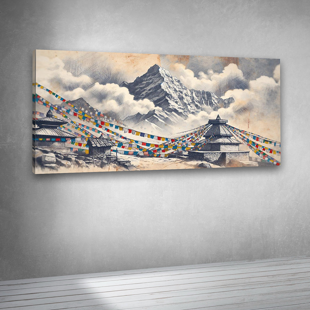 Mountain landscape artwork canvas print with colorful prayer flags