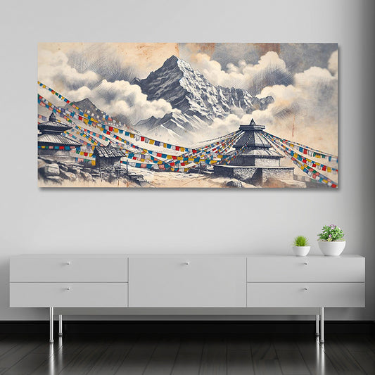 Himalayan prayer flags mountain wall painting with Buddhist monastery canvas art