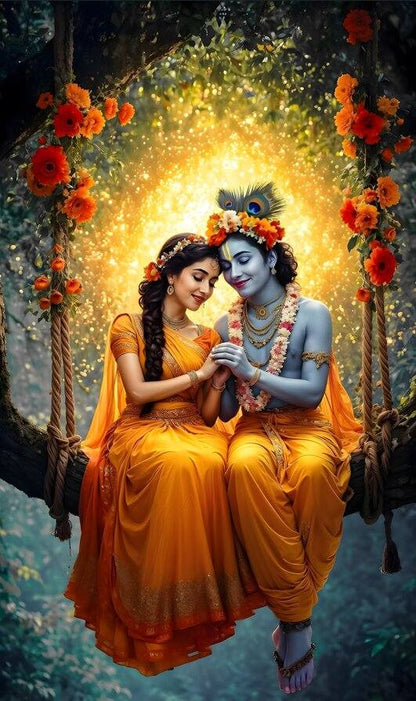 Hindu Radha Krishna Wall Mural | Removable Self Stick Wallpaper Two people in traditional orange attire sitting on a swing with flowers, surrounded by a glowing light.