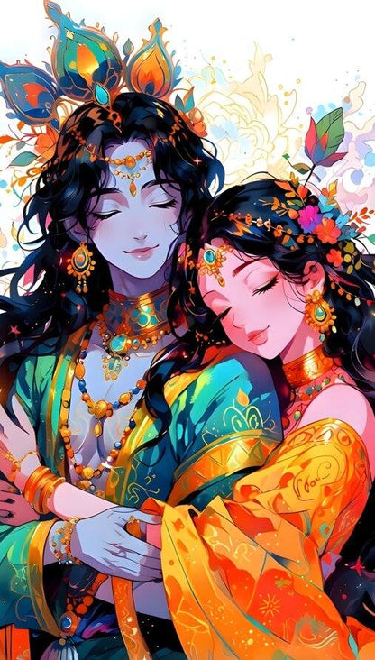 Hindu Spiritual Wallpaper | Peel and Stick Radha Krishna Mural Two characters in colorful traditional attire with intricate designs.