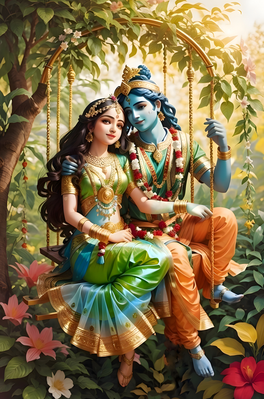 Home Decor Canvas | Radha Krishna Vrindavan Canvas Painting Two figures in traditional attire sitting on a swing amidst flowers and greenery