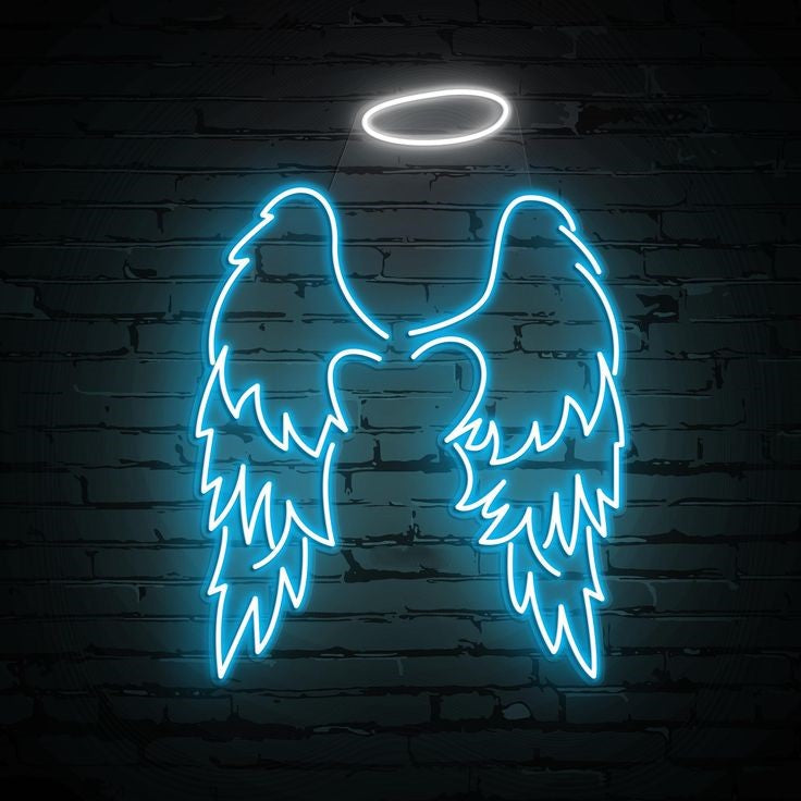 Ice Blue Wings Neon Sign | Custom Neon Sign | Neon for Restaurants Decor, Banquet Neon sign of angel wings and halo on a brick wall background