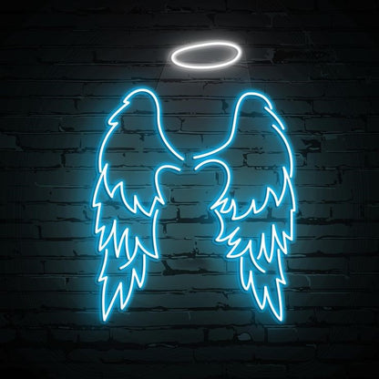 Ice Blue Wings Neon Sign | Custom Neon Sign | Neon for Restaurants Decor, Banquet Neon sign of angel wings and halo on a brick wall background