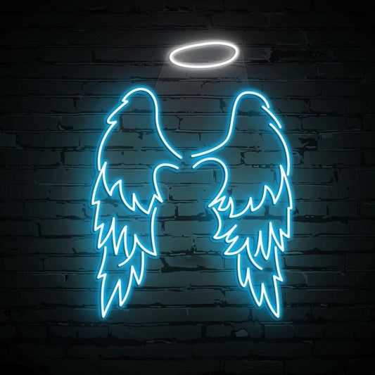 Ice Blue Wings Neon Sign | Custom Neon Sign | Neon for Restaurants Decor, Banquet Neon sign of angel wings and halo on a brick wall background