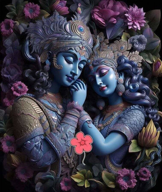Indian Wall Art | Canvas Painting 3D Radha Krishna Bhakti | Living Space Two blue-skinned figures in a decorative setting with flowers