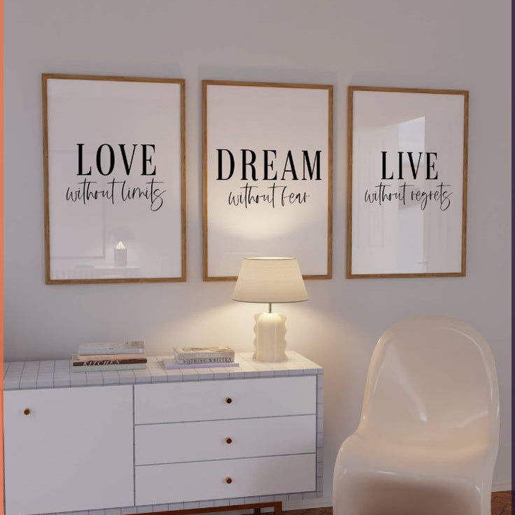 Modern motivational typography wall decor with Love Dream Live inspirational quote artwork