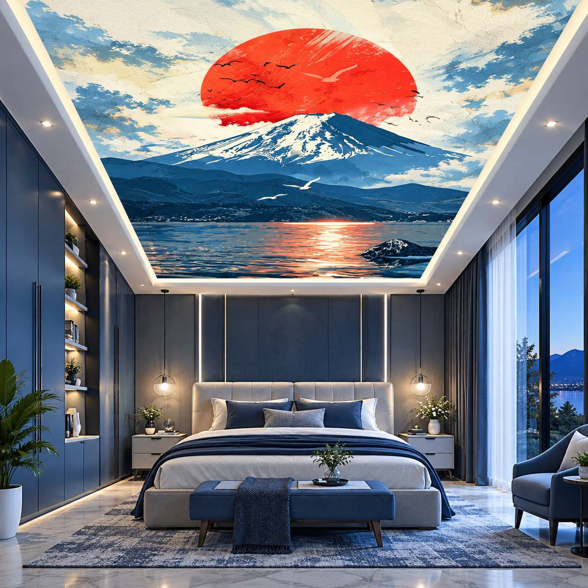 3D Japanese sky ceiling mural with Mount Fuji and red sunset design in a contemporary bedroom, dining room and office interior.