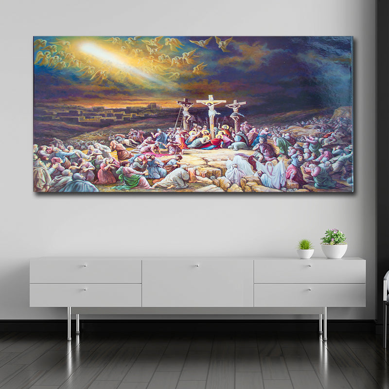 Jesus Christ Crucifixion panoramic canvas wall painting showing Christ on the cross with followers and heavenly light for church and prayer room decor