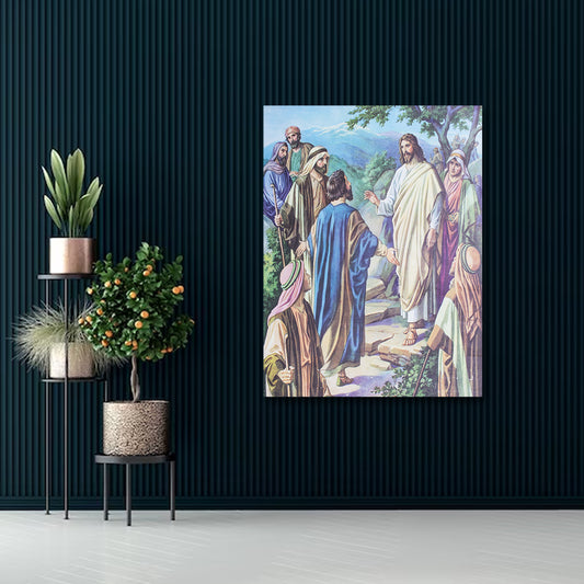 Jesus teaching disciples canvas wall painting depicting faith and guidance for Christian home, church and prayer room decor Framed artwork of a religious scene with people on a dark blue wall.