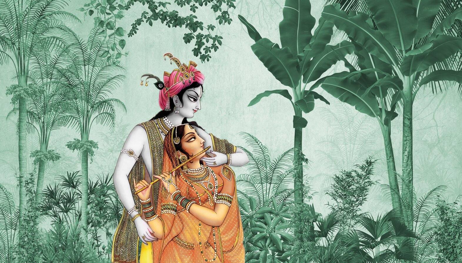 Joyful Radha Krishna Canvas | Radha Krishna Painting For Living Room Two figures in traditional attire amidst tropical foliage