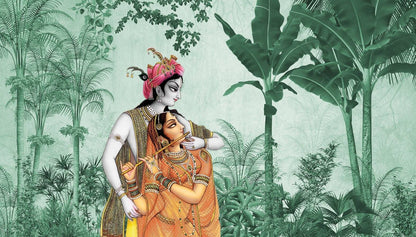 Joyful Radha Krishna Canvas | Radha Krishna Painting For Living Room Two figures in traditional attire amidst tropical foliage