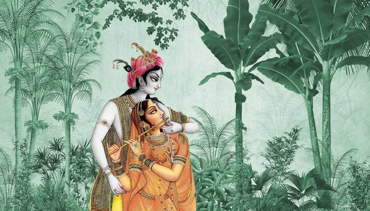 Joyful Radha Krishna Canvas | Radha Krishna Painting For Living Room Two figures in traditional attire amidst tropical foliage