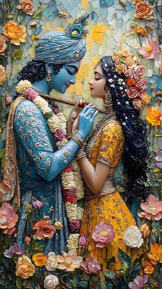 Joyful Radha Krishna Painting | Canvas for Drawing Room & Puja Corner Mosaic artwork of a blue-skinned figure and a woman holding a flute, surrounded by flowers.