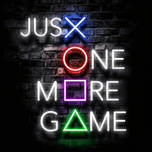 Modern gaming neon wall sign with blue red purple and green illuminated symbols